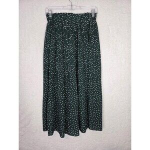Womens Modest Polka Dot A-Line Skirt M Green White Pleated Elastic Waist Flowy